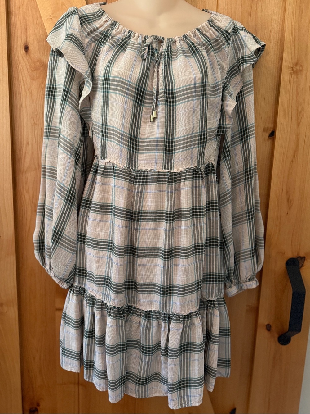 Ephemera XS/S Green Cream Plaid Cottagecore Prairie Mini Dress Cotton Blend Boho - Picture 8 of 15